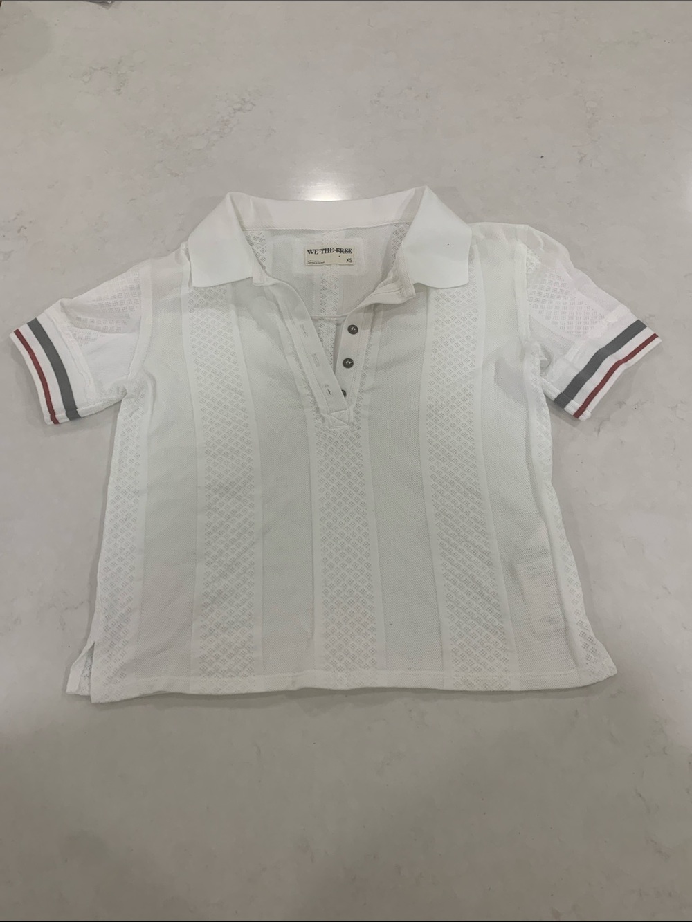 White Womens' Polo Top with Striped Sleeve Trim we the Free XS